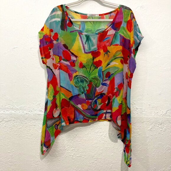 Maloka Womens Top Sheer Art to wear Multicolor Lightweight Lagenlook Size 2 - Picture 1 of 13
